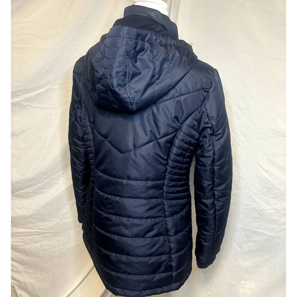 INTL Details Navy Blue Quilted Layered Puffer Coat Jacket Zip Up Hooded Comfy - Picture 7 of 8